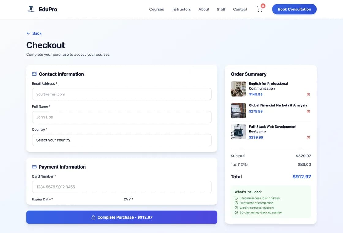 checkout page triggered by booking on the website built in Wegic AI