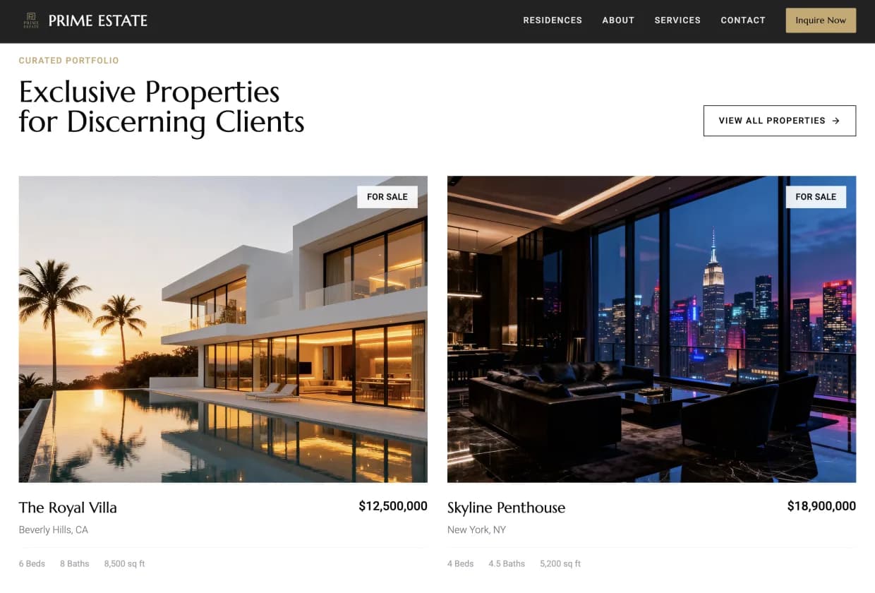 Real estate portfolio page displaying luxury properties with images, locations, and prices