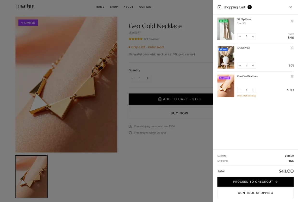 Shopping cart sidebar showing selected products, quantities, and total order amount
