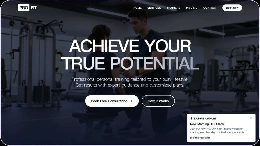 create a fitness website with a class notification in Wegic AI