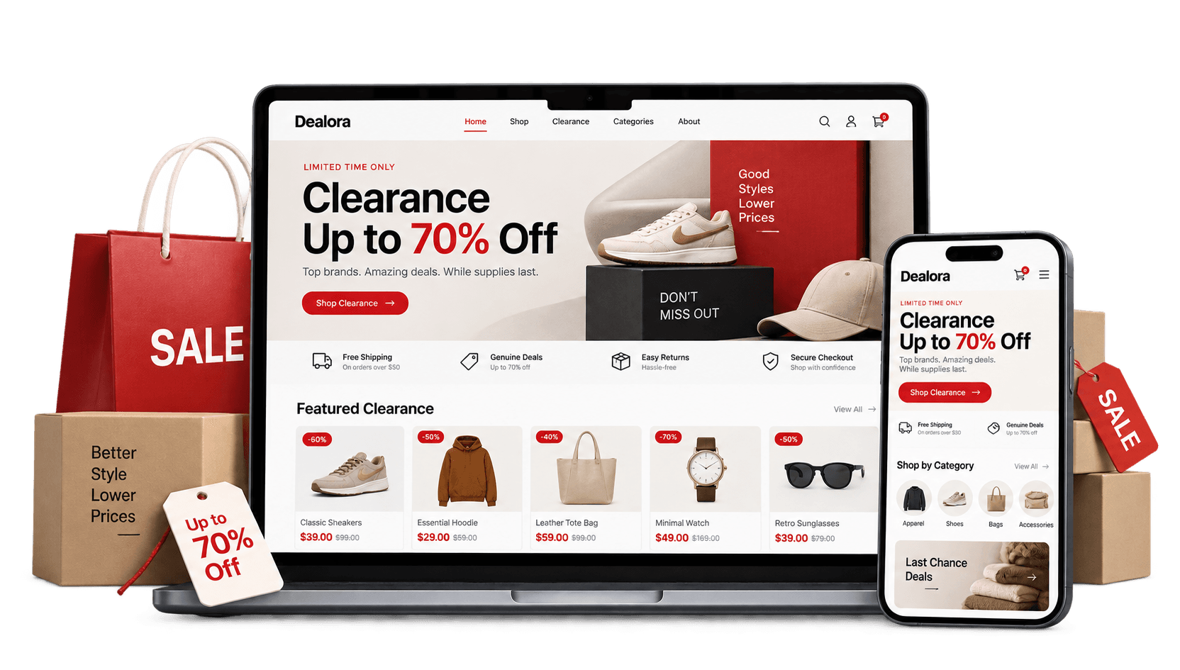 AI gegenereerde mockup van een opruimingswinkelwebsite op Mac en iPhone
