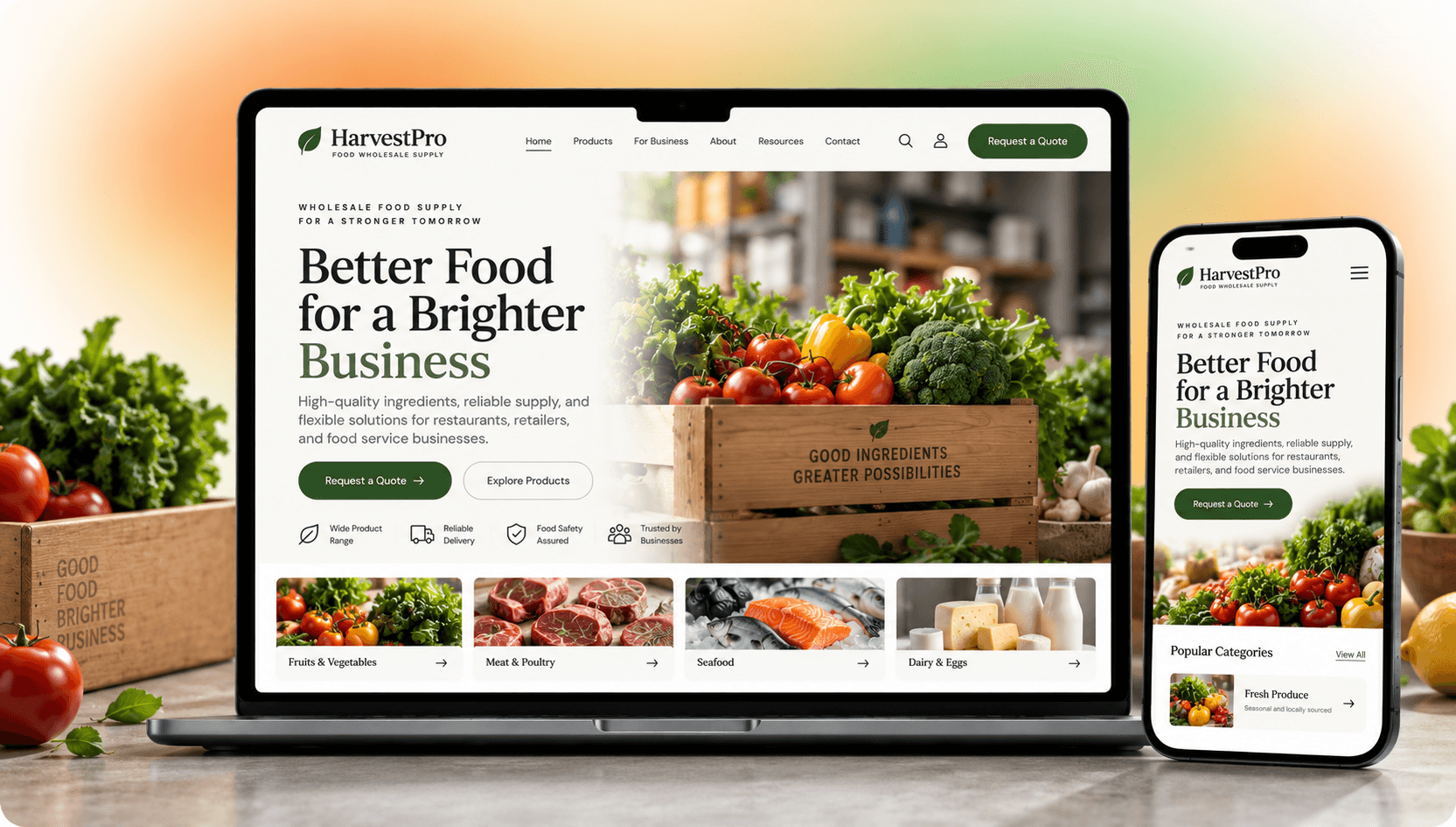 сгенерированный ИИ макет оптового сайта продуктов питания на Mac и iPhone
