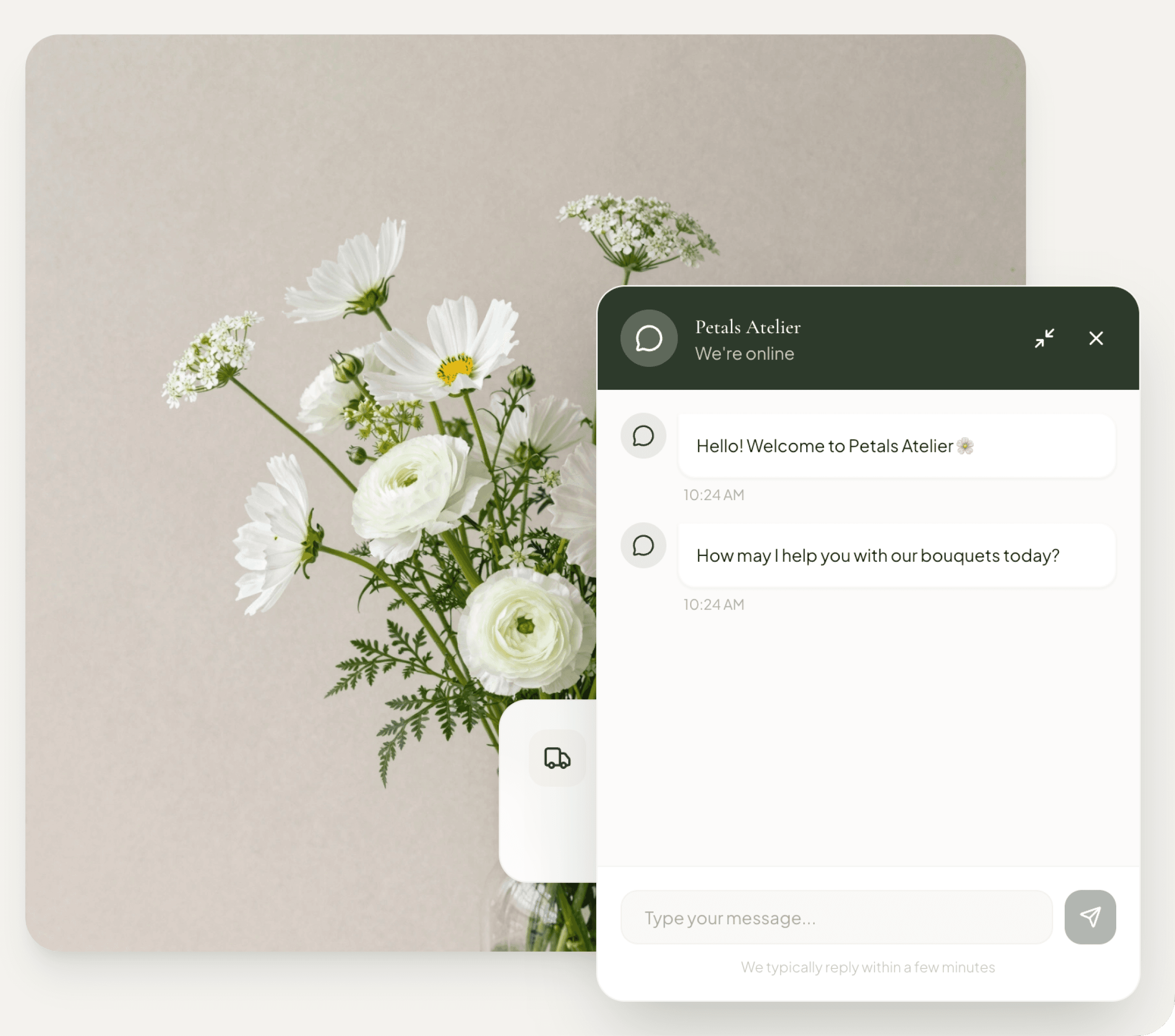 een boeket bloemen en een screenshot van de WhatsApp-chatinterface