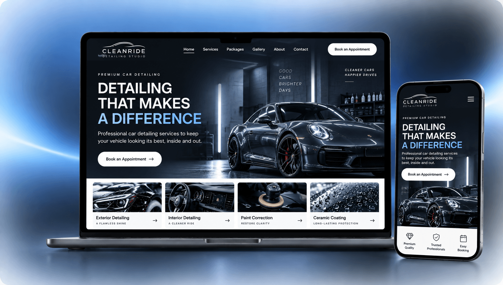 AI-gegenereerde mockup van een autopoetswebsite op Mac en iPhone