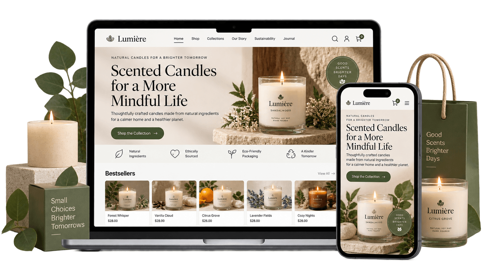 ai gegenereerde ethische winkel website mockup op mac en iphone